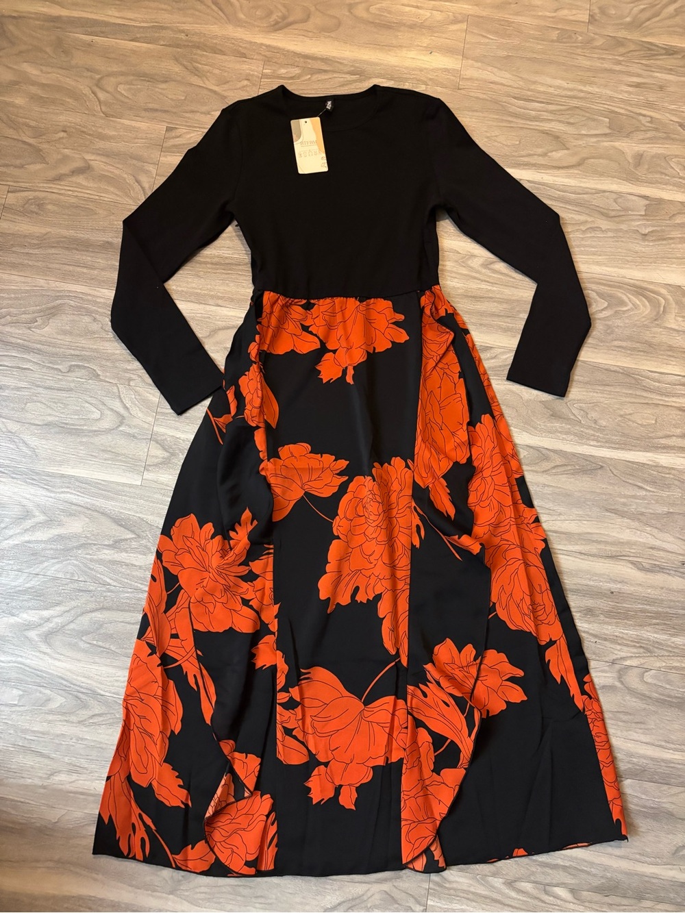 Black & Red Floral Long Sleeve Midi Dress